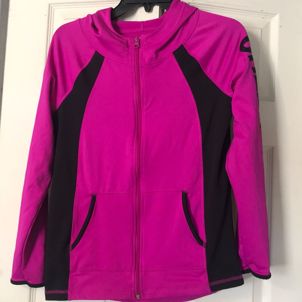 Justice zip up with hood. Purplish/pink